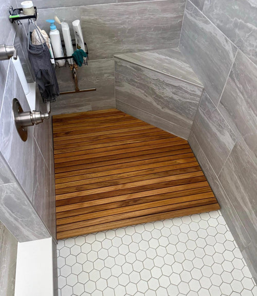 Custom-built solid teak mat with oiled finish