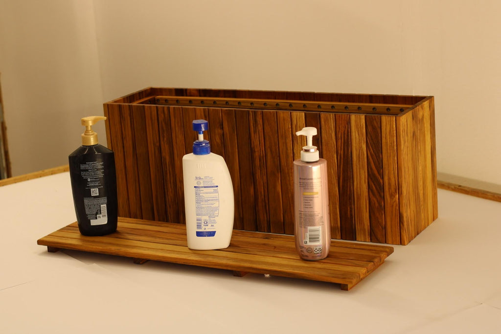 Teak storage step bathroom organizer with soaps