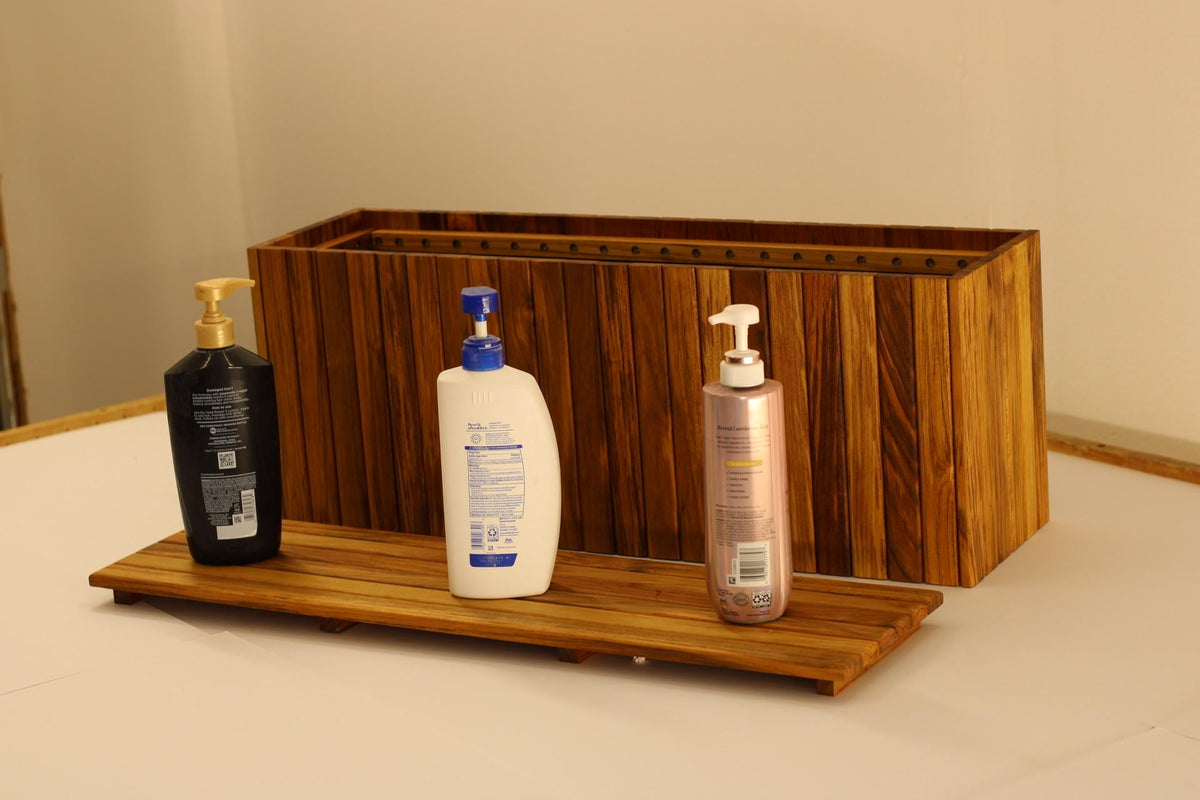 Teak storage step bathroom organizer with soaps