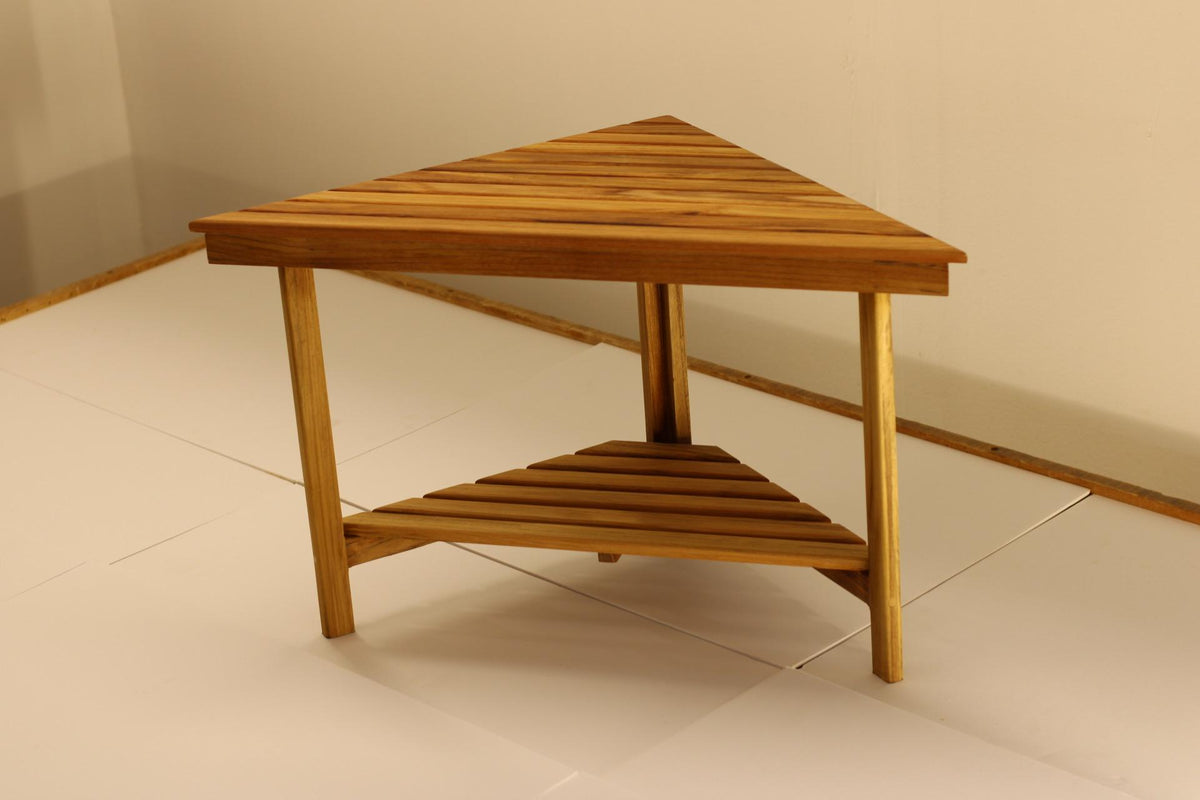 Teak corner bench built into a bathroom shower