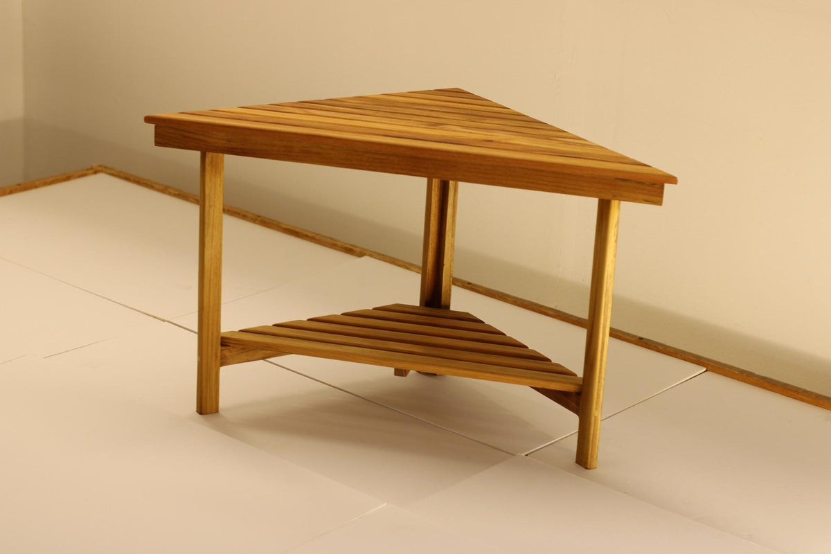 Teak corner bench built into a bathroom shower