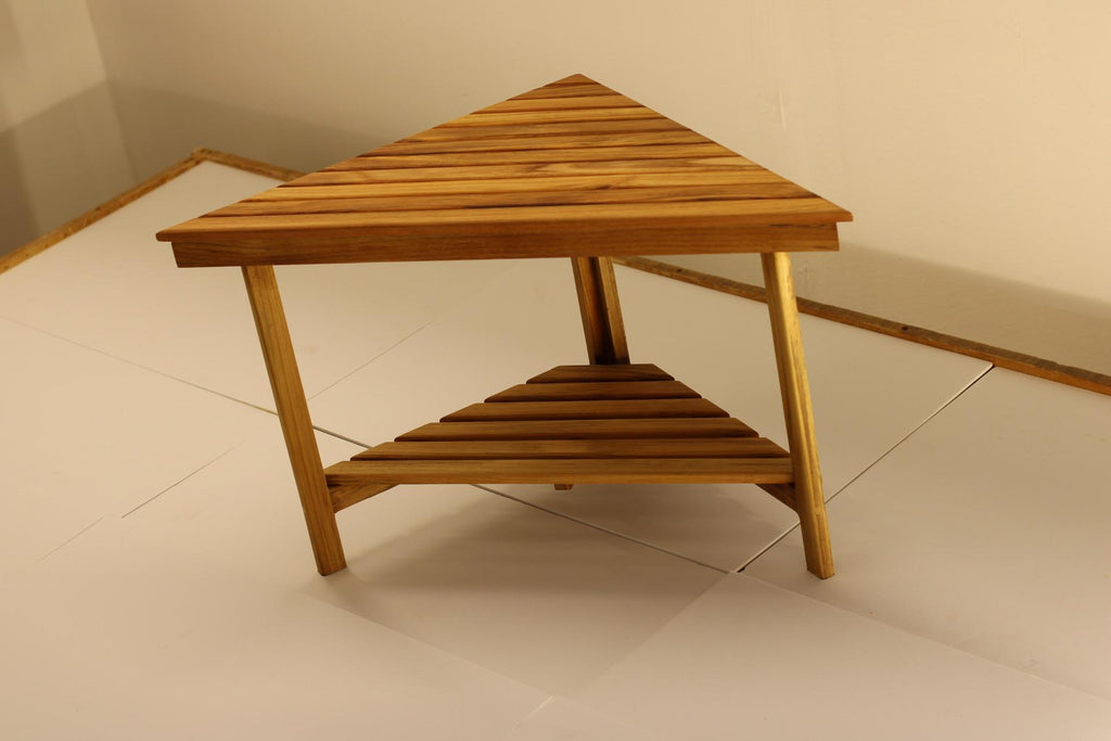 Teak corner bench built into a bathroom shower