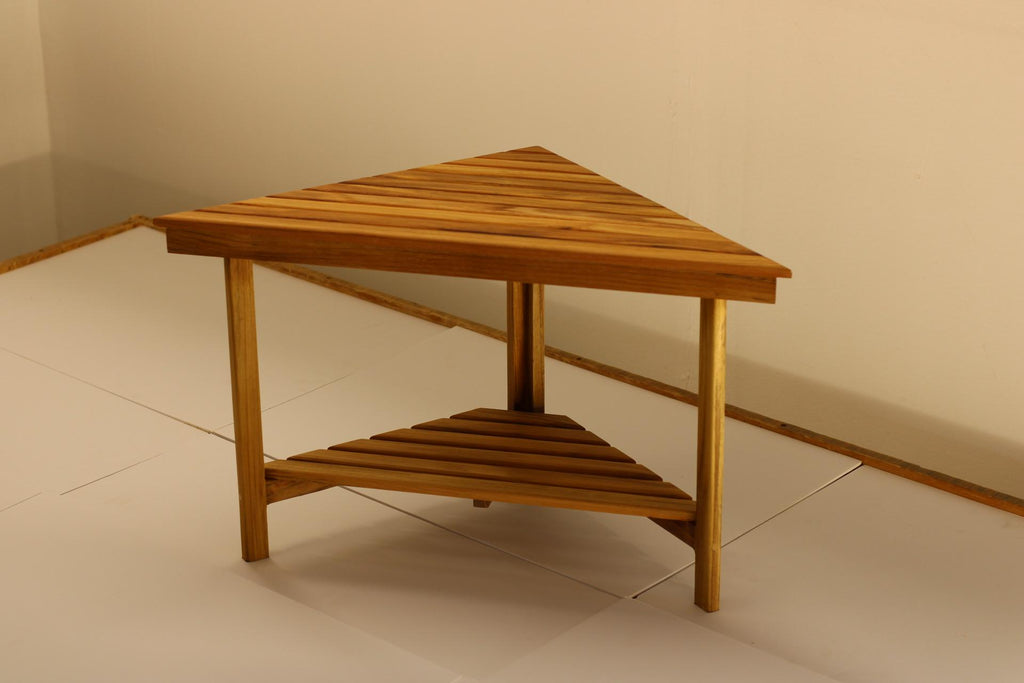 Teak corner bench built into a bathroom shower