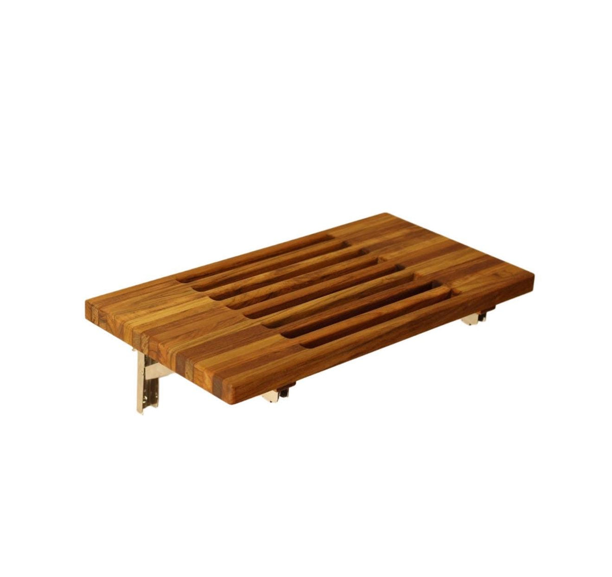 Slatted teak wall-mount bench with drainage gaps between boards white background