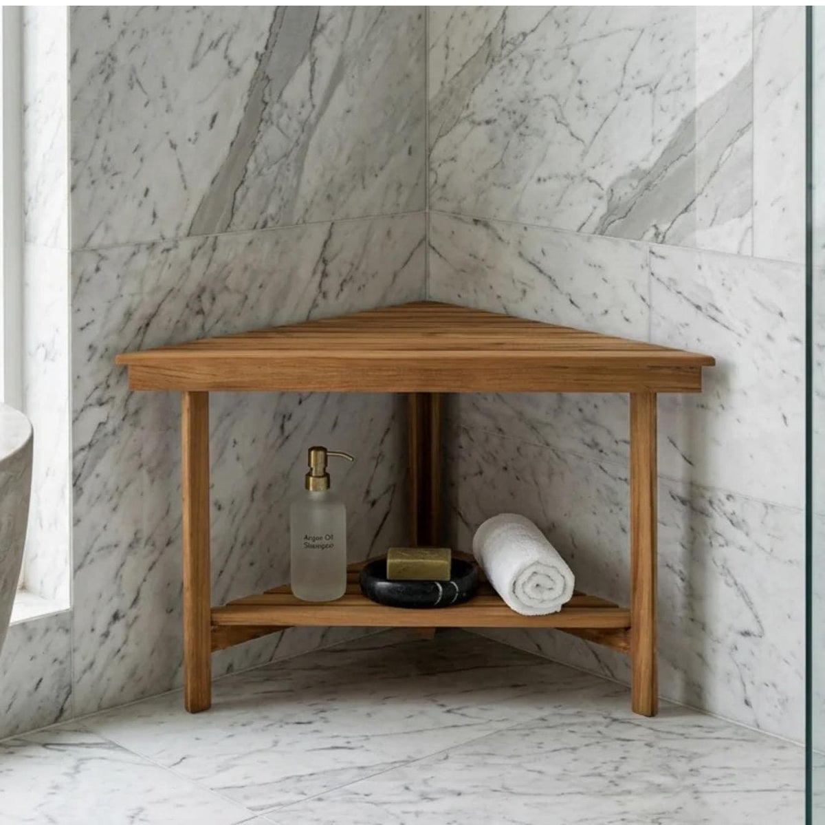 Teak corner bench built into a bathroom shower