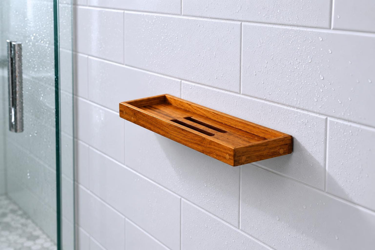 Teak shower shelf