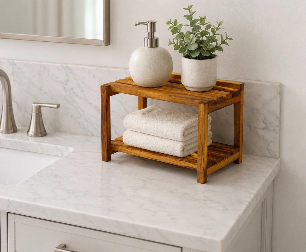 Teak bathroom organizer