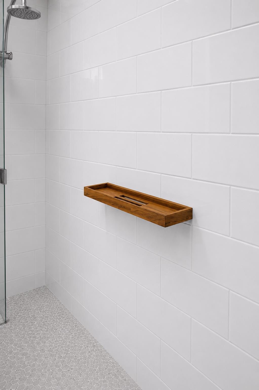 Teak shower shelf