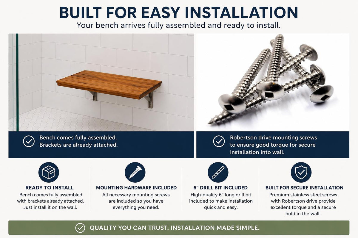 Wall-mounted teak folding shower bench in the down position with installation instructions