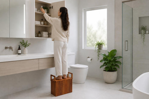 Teak step stool positioned beside a counter