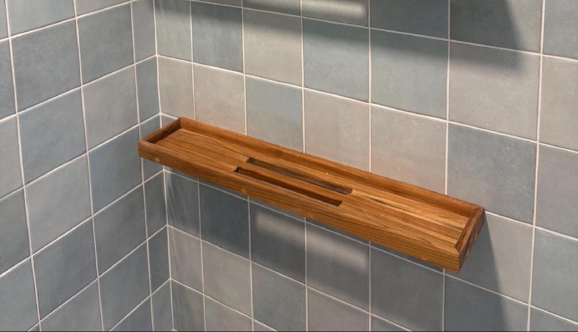 Teak shower shelf