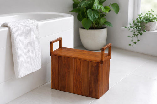 Teak step stool positioned beside a spa or hot tub