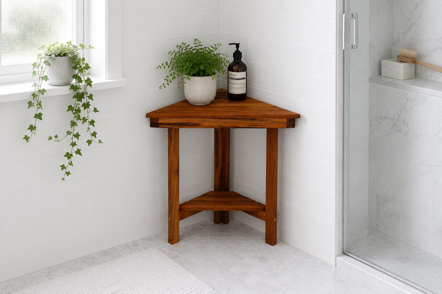 Solid teak corner bench installed in a walk-in shower