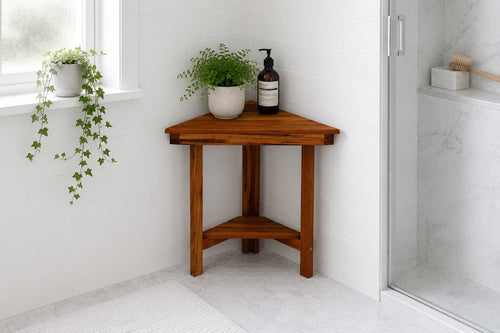 Solid teak corner bench installed in a walk-in shower