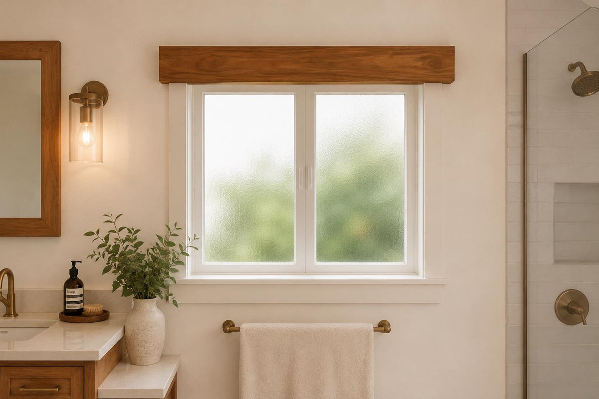 Solid teak window cover concealing a bathroom curtain rod front view