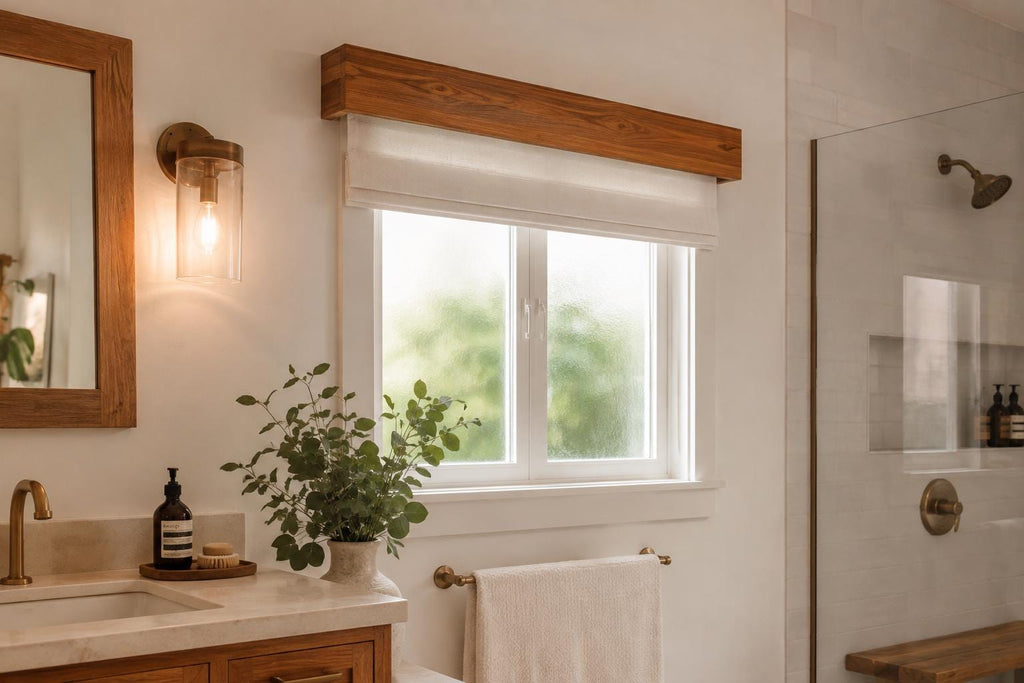 Solid teak window cover concealing a bathroom curtain rod