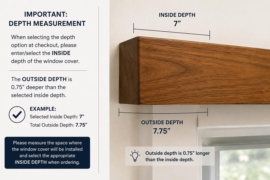 Solid teak window cover concealing a bathroom curtain rod dimensions and depth measurement. When selecting the depth option at checkout, please enter/select the INSIDE depth of the window cover. 