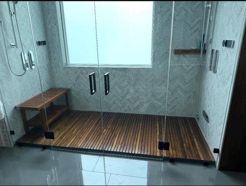 Custom-built solid teak mat with oiled finish