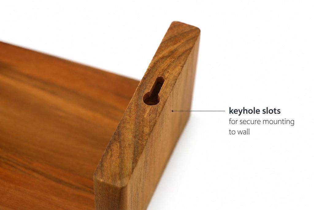 Solid teak window cover keyhole slots up close