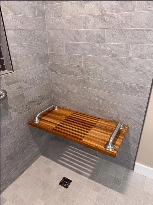 Folding teak shower bench with stainless steel grab bars