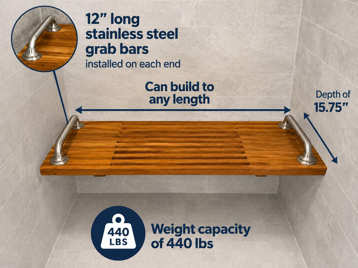 Folding teak shower bench with stainless steel grab bars dimensions