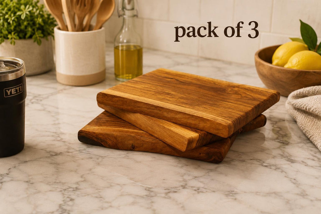 Live-edge teak charcuterie board with natural wood grain pack of 3