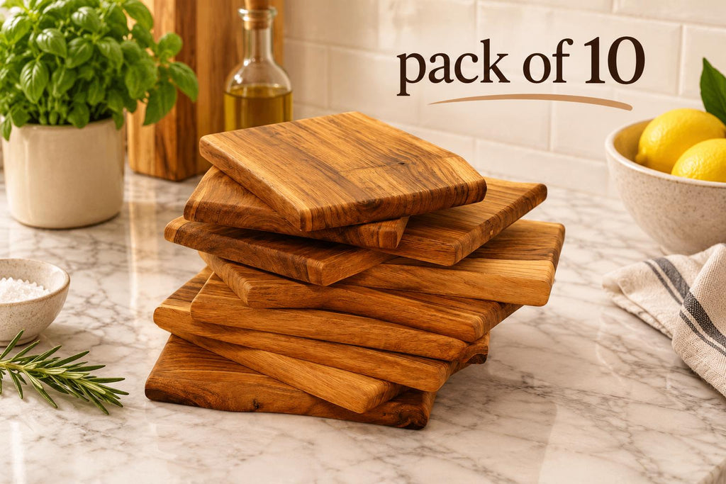 Live-edge teak charcuterie board with natural wood grain pack of 10