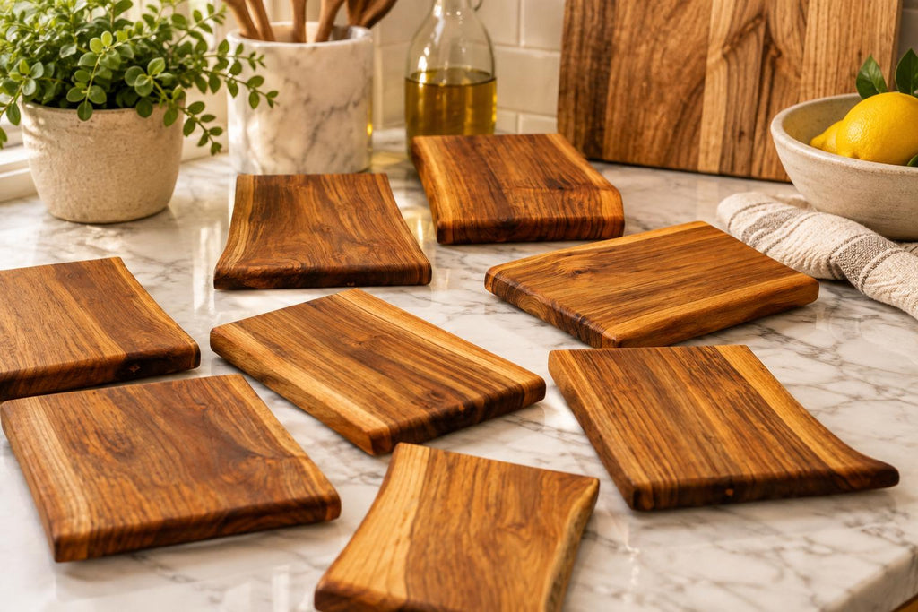 Live-edge teak charcuterie boards with natural wood grain