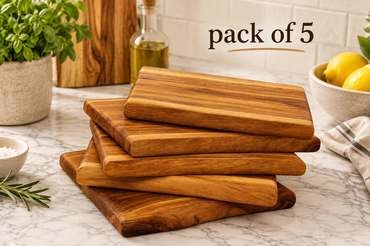 Live-edge teak charcuterie board with natural wood grain pack of 5