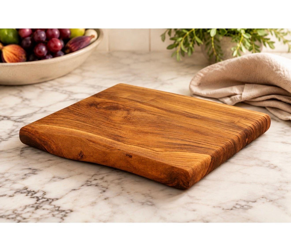 Live-edge teak charcuterie board with natural wood grain