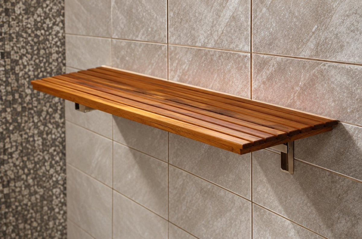 A wooden wall-mounted Bench Seat with a slatted design, mounted on a light gray tiled wall.