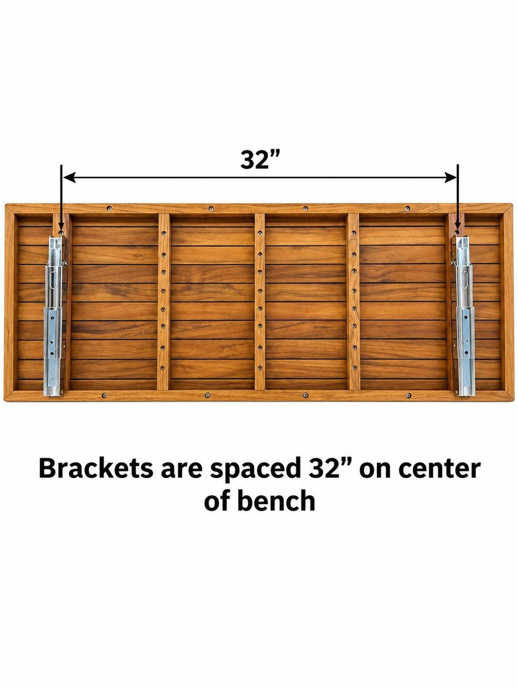 Top-down view of a wooden bench frame with metal slide brackets on both sides, overlaid with dimension lines showing a 32-inch spacing and text reading 'Brackets are spaced 32" on center of bench'.
