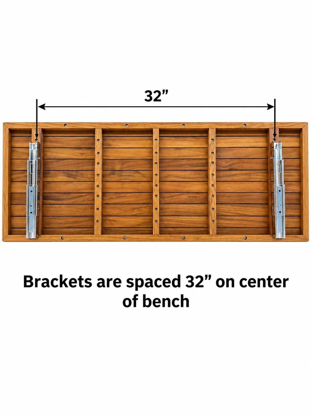 Top-down view of a wooden bench frame with metal slide brackets on both sides, overlaid with dimension lines showing a 32-inch spacing and text reading 'Brackets are spaced 32" on center of bench'.