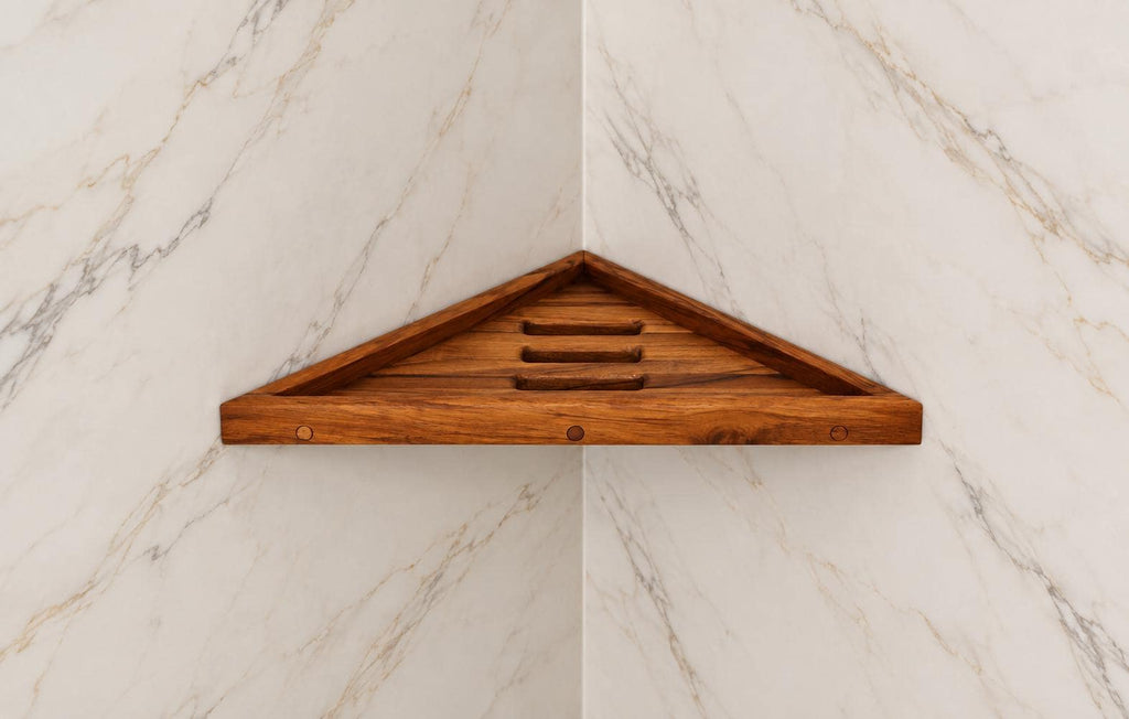 Teak Floating Corner Shower Shelf | Modern Spa Bathroom Storage Organizer