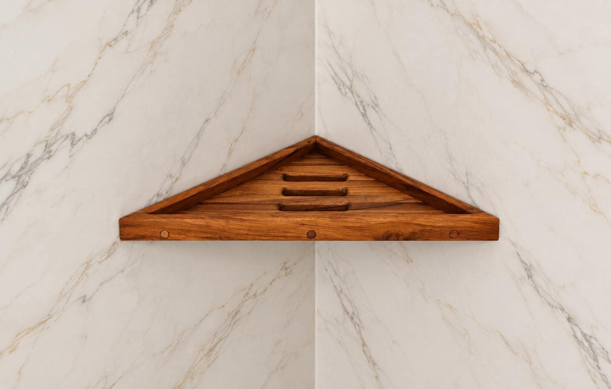 Teak Floating Corner Shower Shelf | Modern Spa Bathroom Storage Organizer