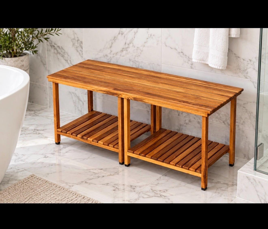 A rectangular wooden bathroom bench with two slatted lower shelves, shown in a modern bathroom setting with marble tile flooring and walls.