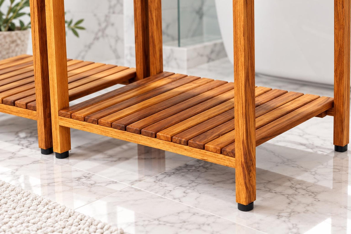 A close-up of a wooden slatted shelf or stand with matching legs, shown in a bright bathroom setting with marble flooring and a glass shower door in the background.