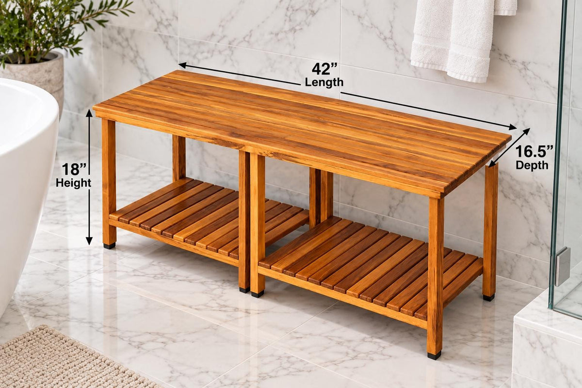 Solid Teak Shower Bench with Removable Storage Shelves