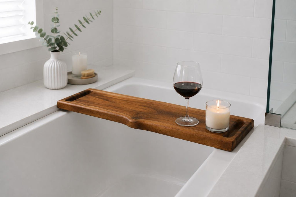 A wooden bath tray draped over the edge of a white bathtub, styled with a glass of red wine, a lit candle, and a white vase with greenery in a bright bathroom setting.