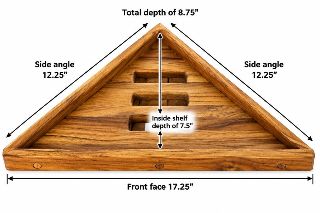 Teak Floating Corner Shower Shelf | Modern Spa Bathroom Storage Organizer
