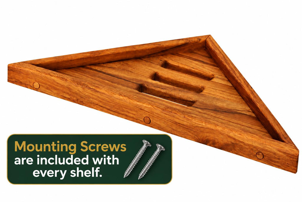 Teak Floating Corner Shower Shelf | Modern Spa Bathroom Storage Organizer