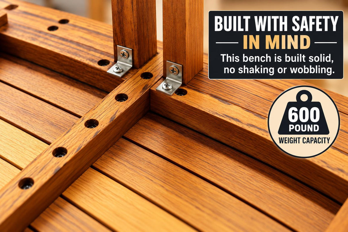 Close-up of a wooden bench with slatted seat and backrest, metal corner brackets, and promotional text overlays reading 'Built with safety in mind' and '600 pound weight capacity'.