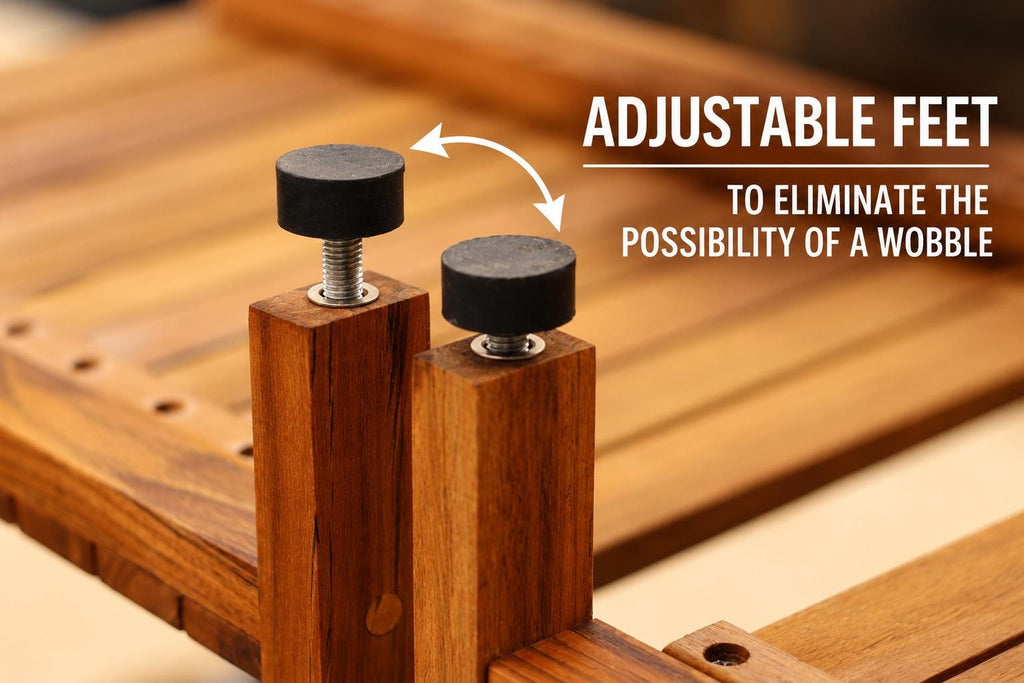 Close-up of wooden adjustable feet with black rubber caps and threaded bolts, shown on a wooden slatted surface with text reading 'ADJUSTABLE FEET TO ELIMINATE THE POSSIBILITY OF A WOBBLE'.