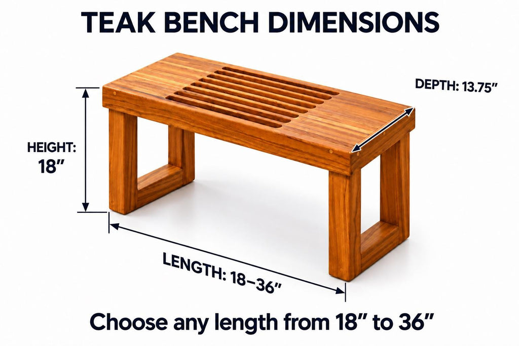 A Teak Freestanding shower bench with a diagram explaining the dimensions. 