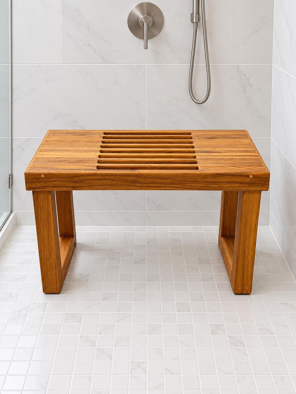 A Freestanding Teak Shower bench in a white tiled shower