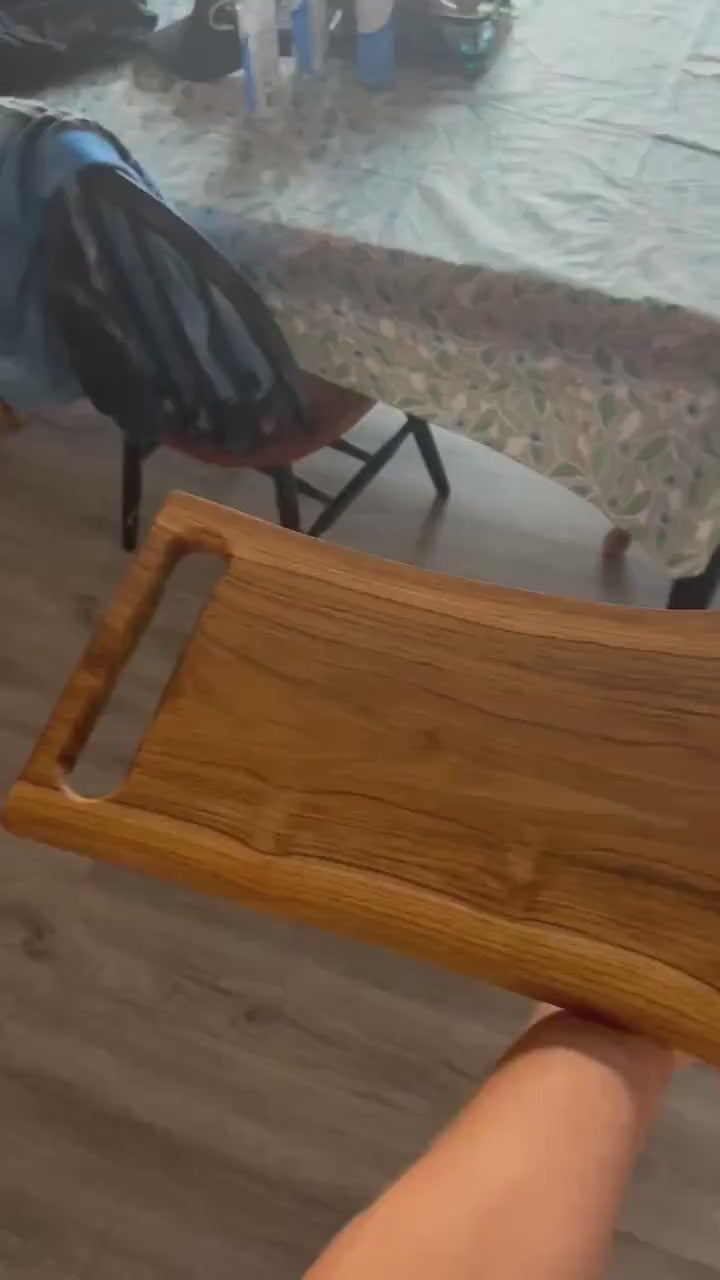 Live-Edge Teak Bathtub Tray with Hand-Carved Handles